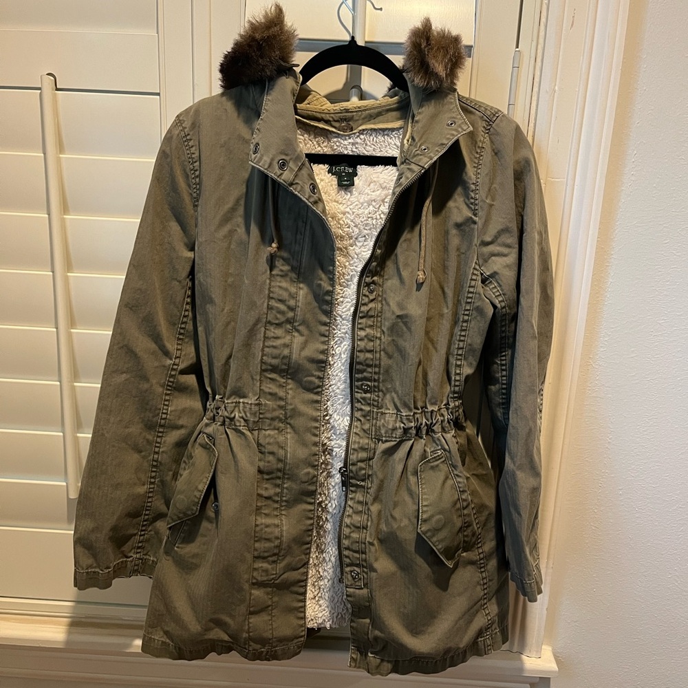 J. Crew Khaki Utility Jacket with Fur Hood